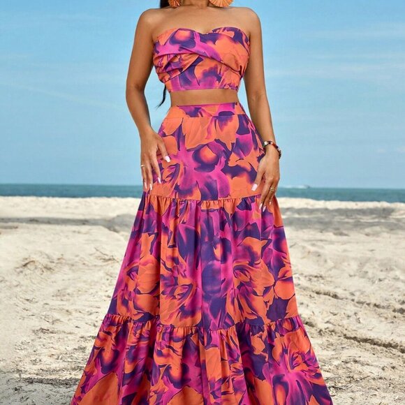 Purple Boho Women's Ruched Side Twist Bandeau Top And Split Thigh Skirt Set - Picture 1 of 6